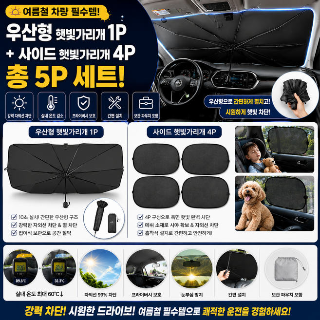 차량용 우산형 햇빛가리개 1P + 사이드 햇빛가리개 4P 세트 자동차 앞유리 자외선 차단 썬쉐이드, 1개, 블랙