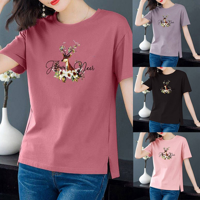 [할인] 패턴 중년 여성 여름 반팔티 루즈핏 데일리 영문티 불규칙 빅사이즈 40대 50대 엄마옷 반팔 티셔츠 M-4XL