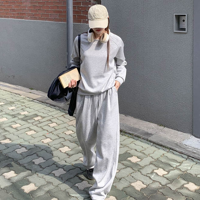 앤샵 여성용 래글런 맨투맨 핀턱 와이드 조거 투웨이 팬츠 트레이닝 세트 마벨