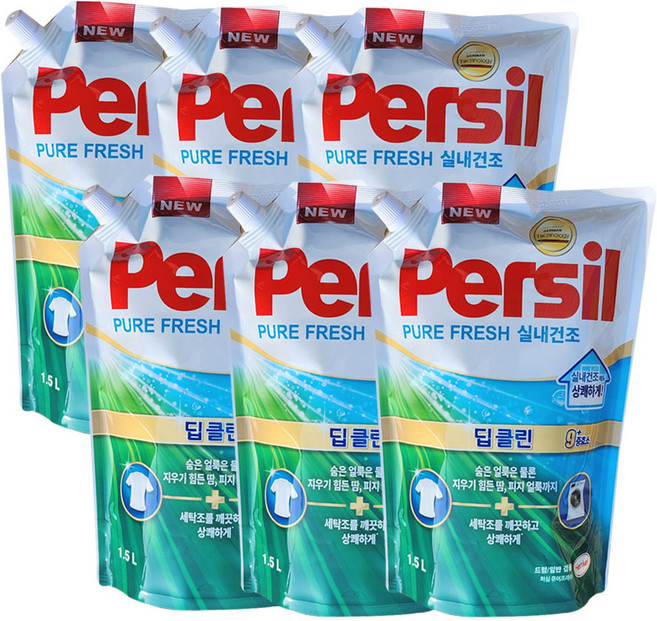 온마음샵 퍼실 딥클린 엑스퍼트 실내건조 리필 일반드럼겸용 액체세탁세제, 1.5L, 6개