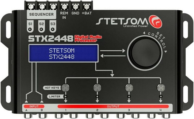 Stetsom STX 2448 DSP PRO - 디지털 신호 프로세서 이퀄라이저 고정밀 크로스오버 필터 리미터 오디오 2.4 입력 2개 및 출력 4개