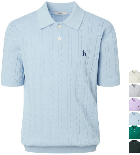 헤지스 맨 아이코닉 케이블 반팔 카라 니트 90~115 size 남성 의류 카라티