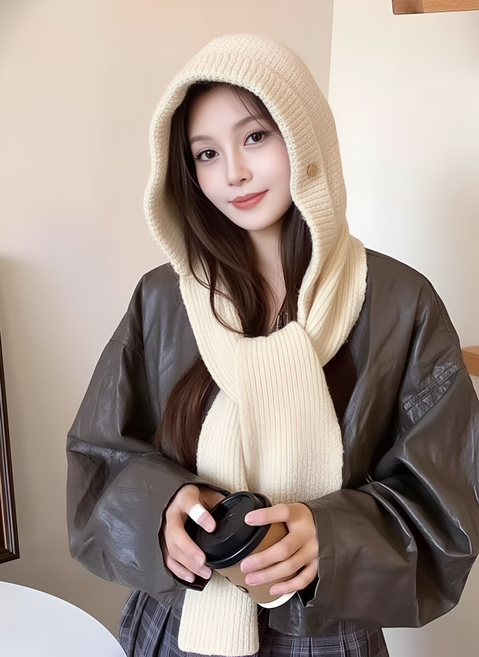 칩썬데이 여성 머플러 바라클라바 투웨이 후드 니트 목도리 넥워머, 아이보리, 1개