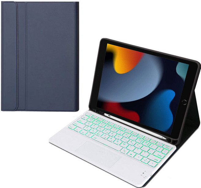 CSHINE 아이패드 애플펜슬 수납 led터치패드 트랙패드 블루투스 키보드 케이스, 네이비콤비