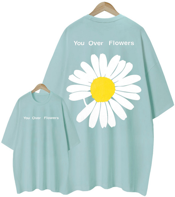 엠제이스타 남녀공용 오버핏 코스모스꽃 반팔티 여성 커플 라운드 반팔 티셔츠
