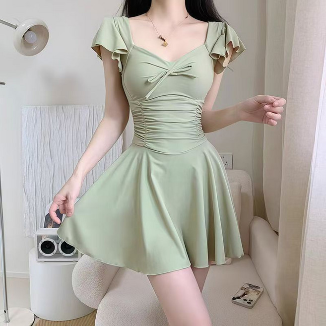 新款連體裙式泳衣 遮肚顯瘦聚攏 度假泳裝, 綠色,M45.0-52.5公斤