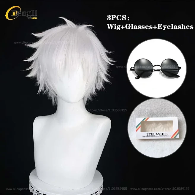 새로운 애니메이션 고죠 사토루 합성 가발 짧은 30cm 화이트 코스프레 가발 및 안경 속눈썹 내열성 헤어 파, 05 3PCS