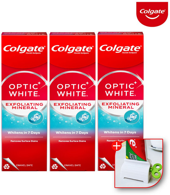 콜게이트 미백 화이트닝 고불소 옵틱화이트 엑스폴리에이팅 치약 100g+치약짜개, 3개, 100g