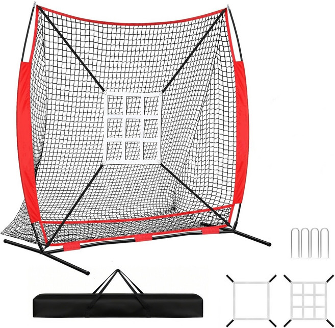 SAIVEINA 휴대용 야구연습 네트 대형 볼 컬렉션 시스템 스트라이크 존 타겟 및 휴대용 가방 야구 훈련 장비 성인 스포츠 연습 타격 피칭용 야구 네트, 1개, 레드