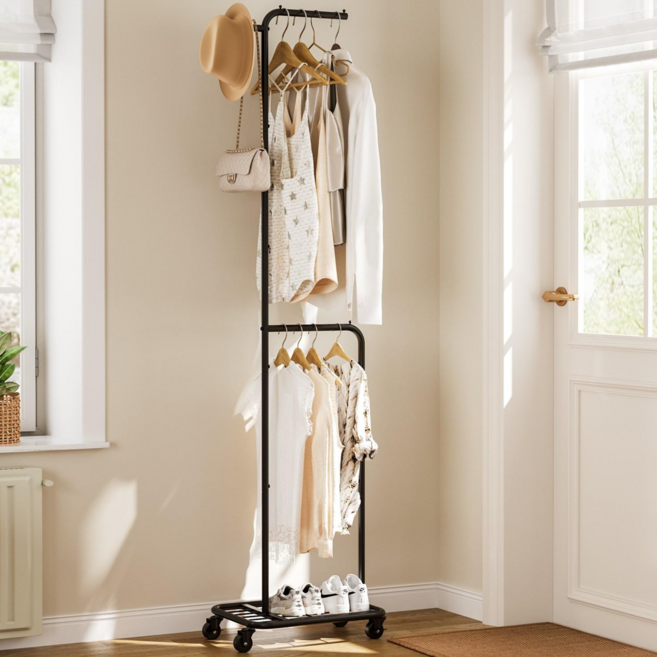 ONESOWON 철제 2단 이동식 슬림 옷걸이 ㄱ자 스탠드 행거, 블랙