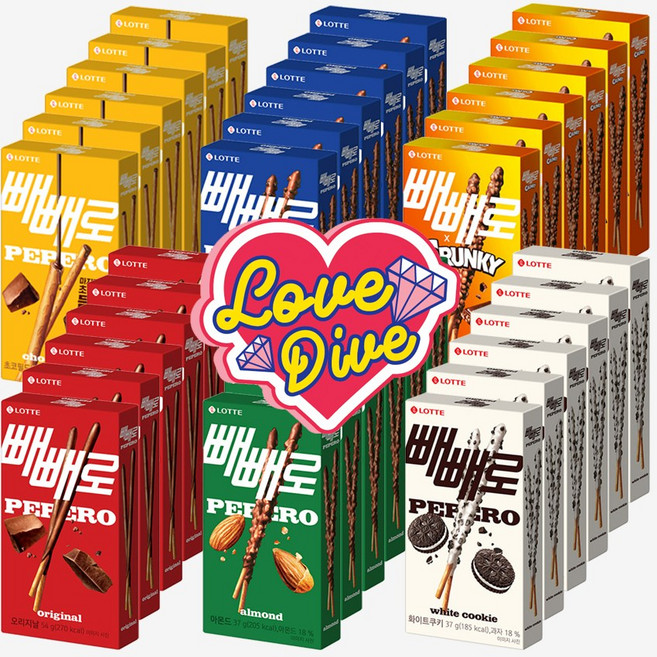 빼빼로 6종 혼합 40갑(초코 아몬드 화이트쿠키 초코필드 각7개 크런키 초코쿠키 각6개) + 러브 다이브 하트 스티커 선물세트, 1개