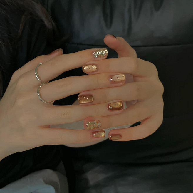 고퀄 수제네일팁 브라운 포인트 인소손톱, 1개, 골드