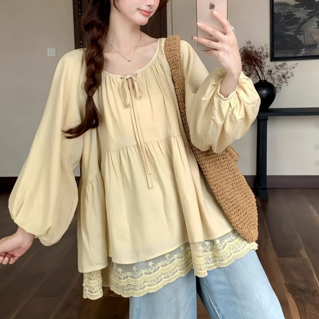 Makone 여성 라운드넥 솔리드 끈리본 레이스패치 퍼프소매 루즈핏 큐티 티셔츠 블라우스