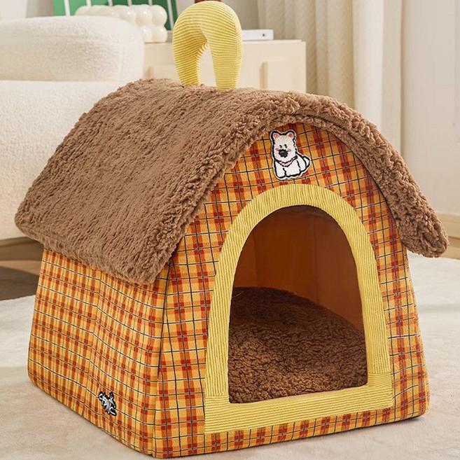 狗窩四季通用封閉式小型犬比熊泰迪睡覺用狗房子別墅貓窩冬季保暖, 1個, L 53*43*47cm（建議25斤內寵物焦糖小狗【軟糯舒適 貓狗都愛】