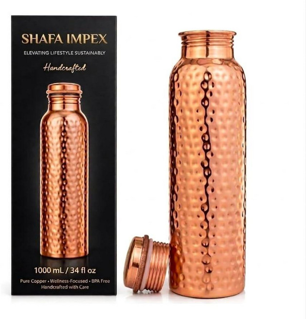 SHAFA IMPEX 구리 물병 963.9g(34온스) 100% 순수 수제 아유르베다 누출 방지 뚜껑 BPA 프리 음료 및 스포츠용 (해머) 554411