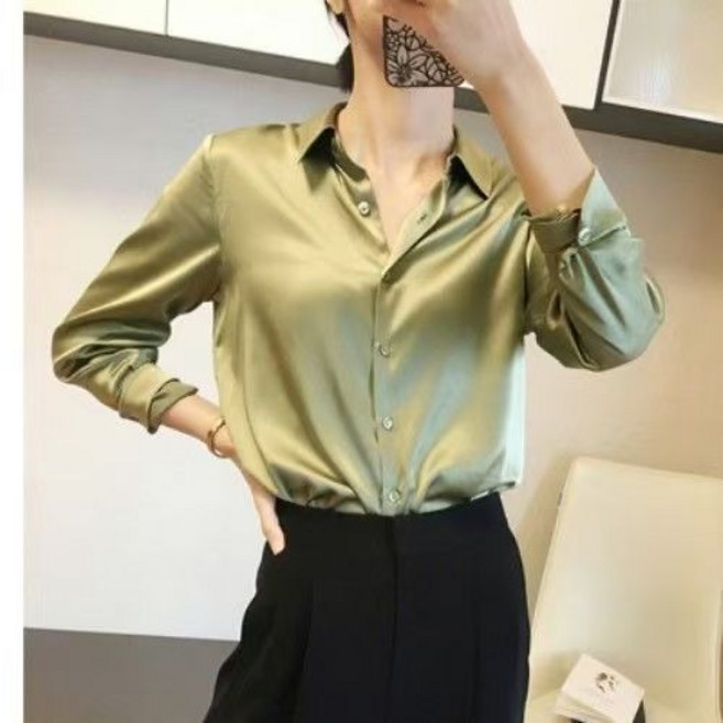 醋酸緞面長袖襯衫 女 法式職業襯衣 灰色, 1個, 牛油果綠S