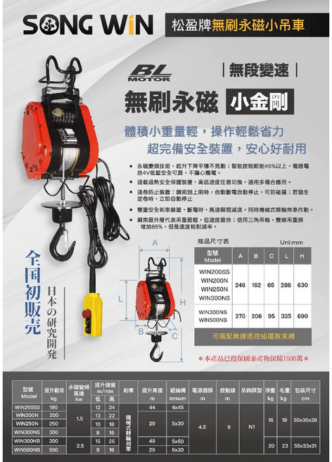 松盈牌 無刷無段變速高樓小金剛 電動吊車 捲揚機 電動絞盤 大金剛 小吊車, 1個, WIN-200N-30M
