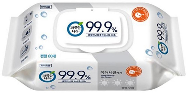 깨끗한나라 99.9% 클린 손소독티슈 캡형60매 세균제거, 1개