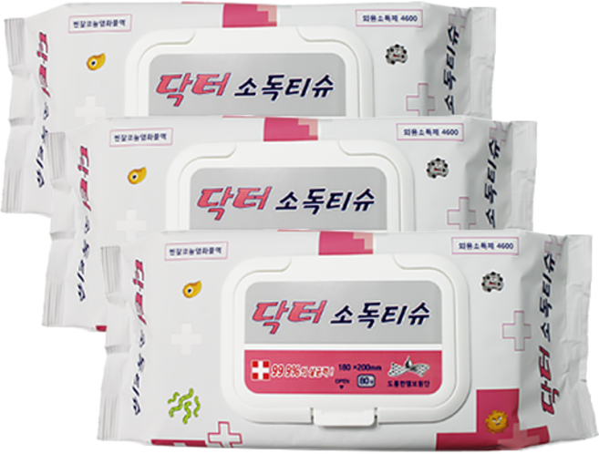 케어팜 닥터 살균 소독티슈 80매 퍼펙트 손소독 99.9% 학교 병원 물티슈, 3개
