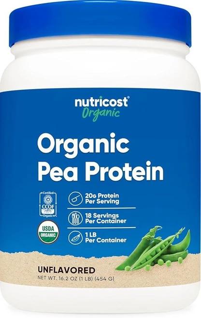 Nutricost 유기농 완두콩 단백질 파우더 (0.5kg(1파운드)) 무향 - USDA 인증 식물 단백질 채식주의자 친화적 글루텐 프리 GMO 프리 171492, 454g, 1개 - 쿠팡