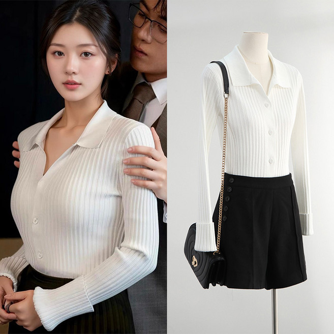 여성 단추 티셔츠 니트 셔츠 니트 블라우스 데일리 오피스룩