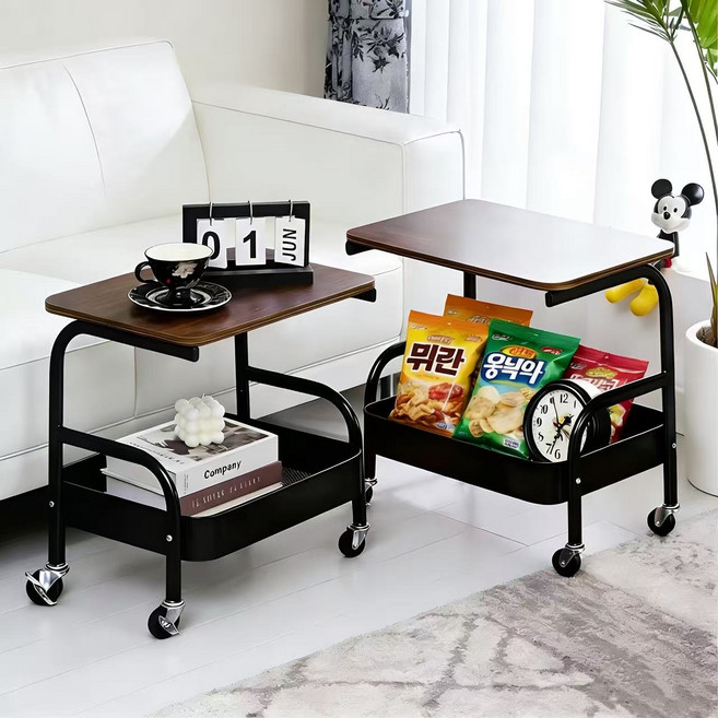 STAR UP 이동식 트롤리 원목 2단 사이드 테이블 정리 선반, 블랙