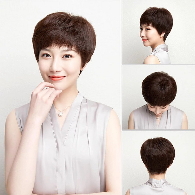 여자커트머리 중년여성 전체가발 엄마통가발 항암가발, 내추럴블랙, 1개