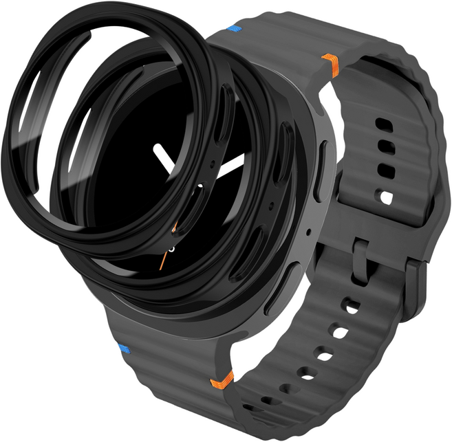 데일리피 갤럭시워치 호환 실리콘 컬러풀한 스티치 스트랩 8/7/6/6클래식/5/5프로/4/4클래식+PC 케이스 2개, 다크 그레이/블랙