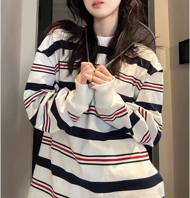 해피유통 여성 루즈핏 스트라이프 티셔츠 긴팔 맨투맨 jhsky