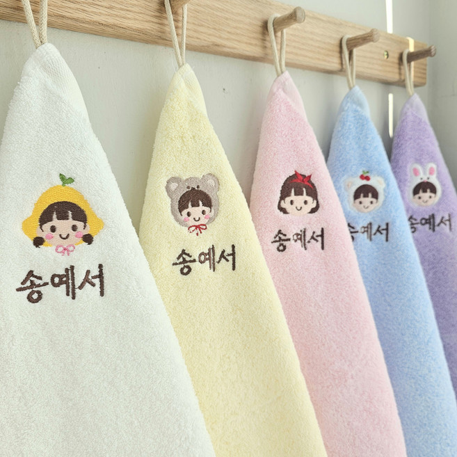 쁘띠맘 파스텔핸드타올(5장) 어린이집수건 40수 코마사 이름자수 고리수건 네임수건 타올 수건 유치원수건, 5개, 여아세트