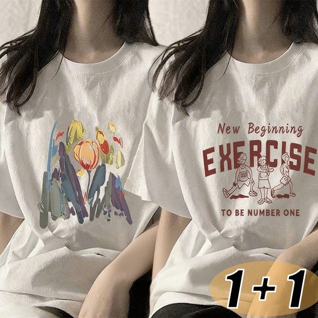 여성 순면 오버핏 반팔티셔츠 여름 프린팅 라운드넥 반팔티 2P