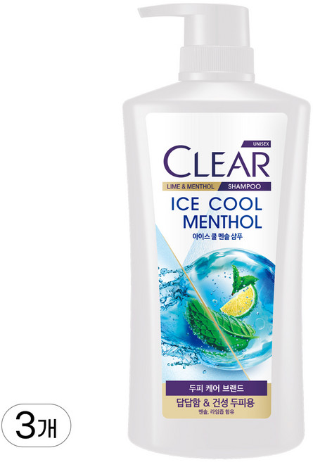 클리어 아이스 쿨 멘솔 샴푸, 650ml, 3개