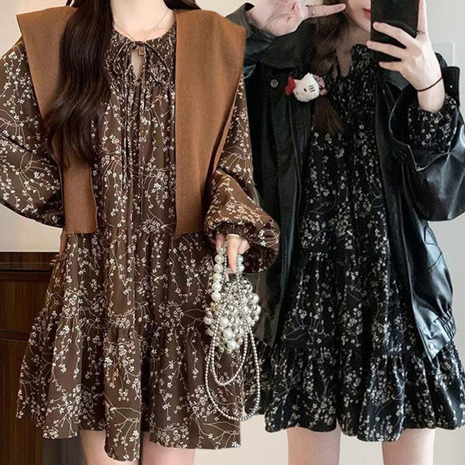 모던허니 루즈핏 플라워 쉬폰 원피스 캉캉스타일 데이트룩