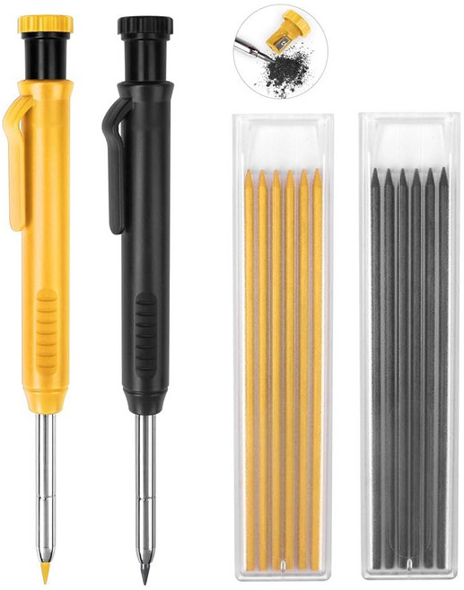 목수 홀 건설 딥 롱닙 마커 연필 내장 샤프너 리필 12개 2팩, Black, Yellow