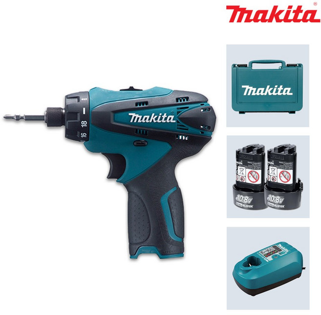 마끼다 DF030DWE 10.8V 1.5Ah 배터리x2팩 충전드라이버드릴세트 충전드릴 6.35mm 슬리브척, 1