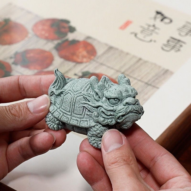 國風青砂石龍龜茶寵 招財開運玄武擺件, 龍龜 8.8*4.5*3.8cm（小）