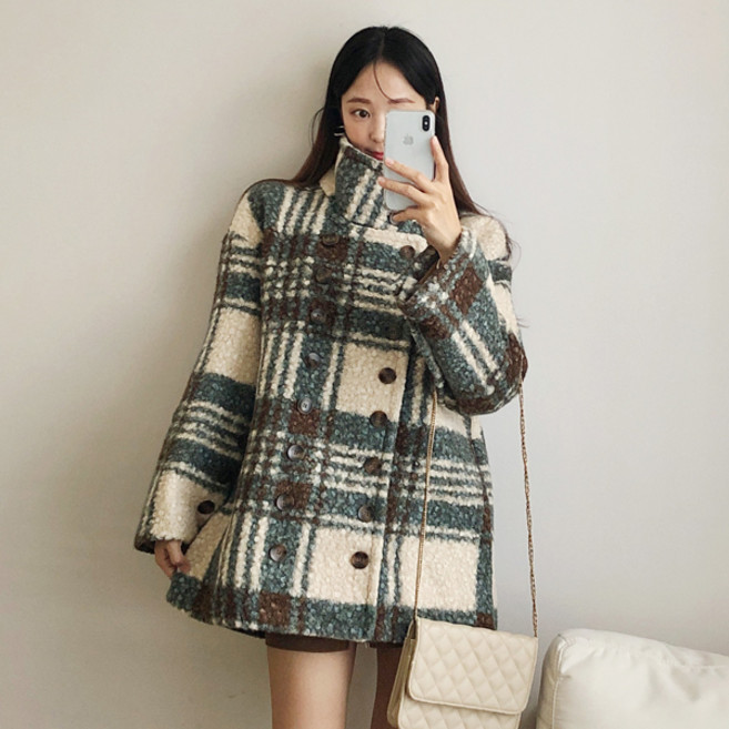 브레스트 하이넥 누빔안감 뽀글 체크 자켓 코트