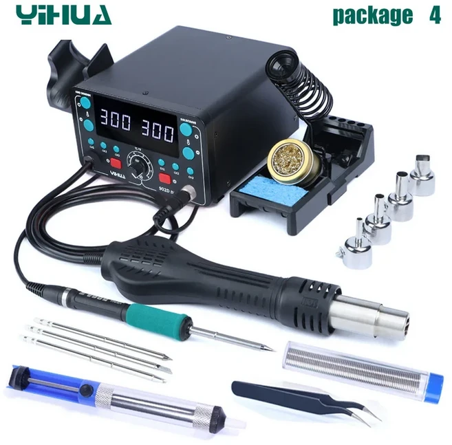 YIHUA T12 902D-IV 2-in-1 납땜 스테이션 열풍 리워크 납땜 인두 휴대폰 수리 디솔더링 스테이션, 05 set 4, 01 빠른, 02 220-240V UK plug, 1