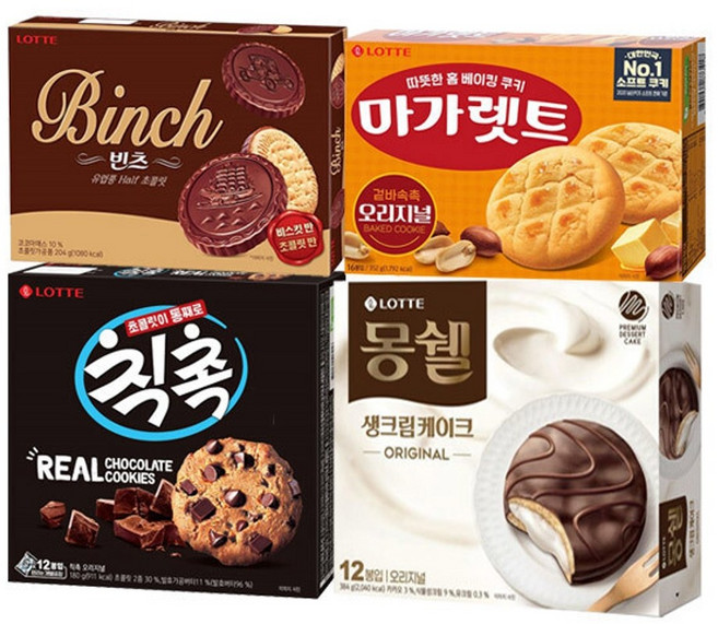 롯데 빈츠 204g+칙촉 180g+몽쉘 크림 408g+마가렛트오리지널 352g(총4개) 학원 병원 사무실 탕비실 공장 대량 간식, 1세트 x 1개, 204g, 1개