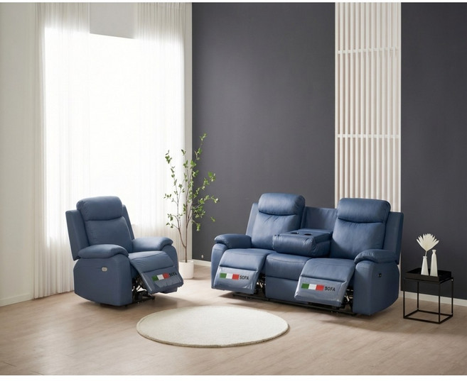 BM 스미스 나파 비건가죽 홈카페 영화관 의자 전동 리클라이너 3인 접이식 쇼파, 네이비