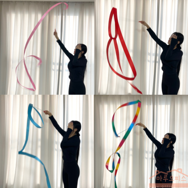 마루오피스_ 뱅글뱅글 화려하고 멋진 4M 핑크&레드&스카이&무지개 리듬체조 리본, 1개, 핑크색상