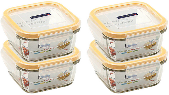 루미낙 퓨어박스 정사각 밀폐용기, 소(380ml)_옐로우, 4개