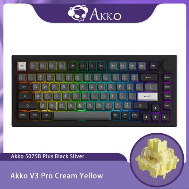 Akko 5075B Plus 기계식 키보드 75 레이아웃 핫 스왑 유형-C 유선2.4g 및 BT 5.0 무선 RGB 게임용 키보드 가스켓 구조, 3)Black Silver