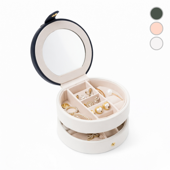[미니거울포함] 쥬얼리 보석함 한국 소형 휴대용 가죽 귀걸이 보관 선물 상자, 1개, 화이트