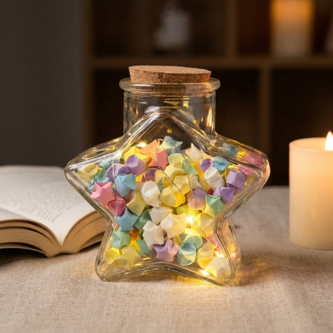 파스텔 종이별 별종이 LED 유리병 세트 [입체 별모양 띠 색종이 접기 행운의 커플 소원 선물 남자친구 여자친구 기념일 별 학알 만들기 템]