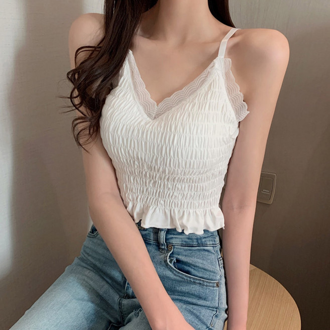 아이루리 러블리 브이넥 프릴 주름 나시 레이스 셔링 귀여운 데일리 캡내장 크롭 민소매