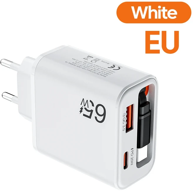 65W 고속 충전기 USB C 충전기 접이식 타입-C 케이블 포함 아이폰 16 15 맥북 삼성 노트북 아이패드용 PD, 05 white eu