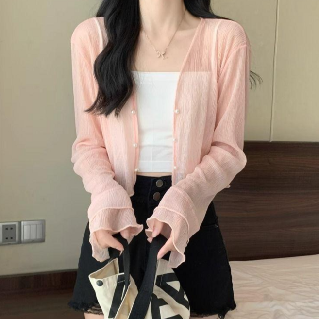 야오야오 여름 주름 크롭 가디건