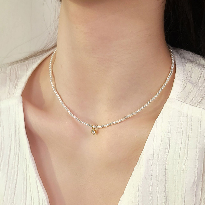 초콜리트쥬얼리 쥬엘 큐빅 볼 하트 팬던트 골드체인 3mm 밥풀 진주 목걸이 7컬러