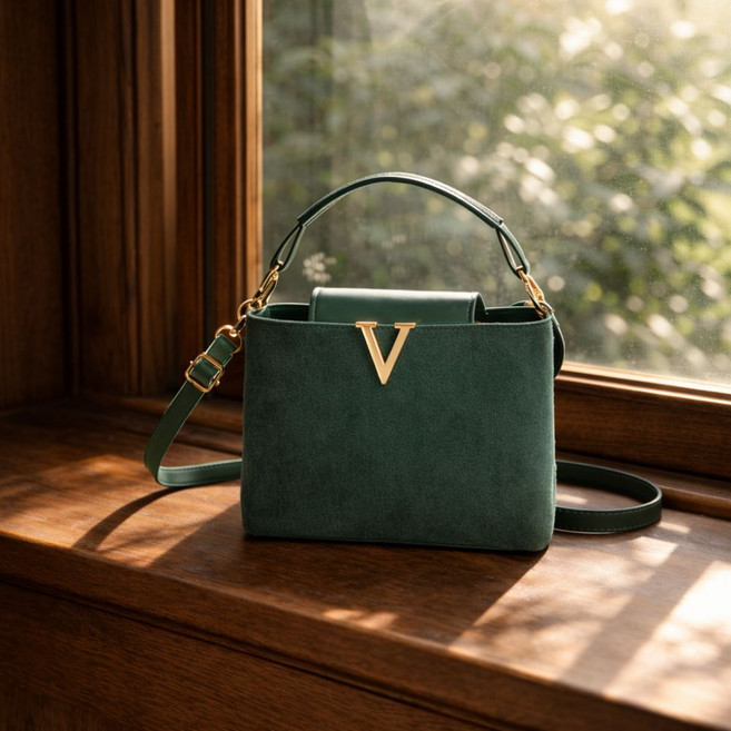 딥그린 골드 V포인트 스웨이드 질감 여성 미니 숄더백 크로스백 토드백